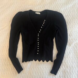 Sandro Black Knit Top with Pearl Accents